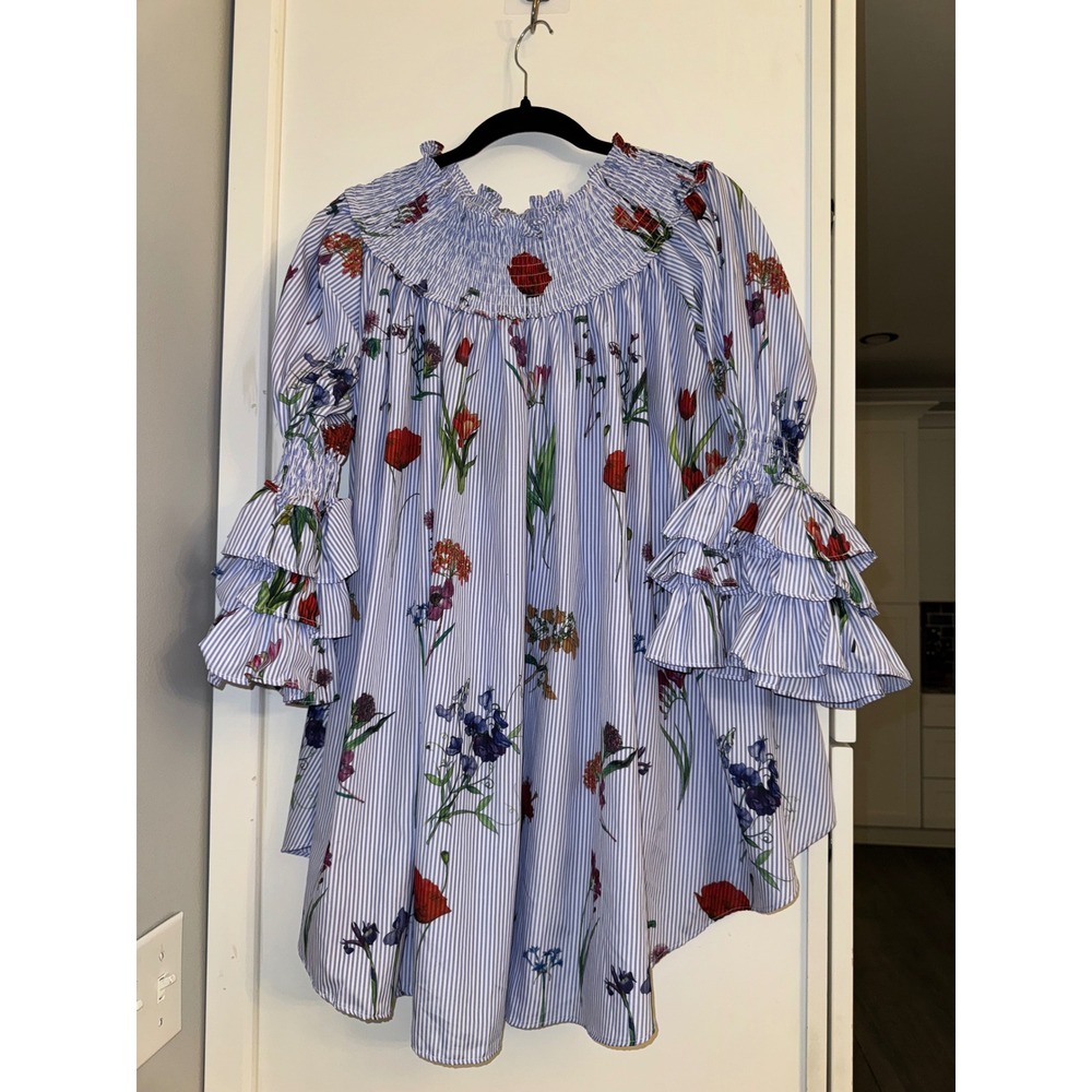 Gracia Blue Pinstripe Floral Smocked Off Shoulder Ruffle Bell Sleeve Tunic Top S